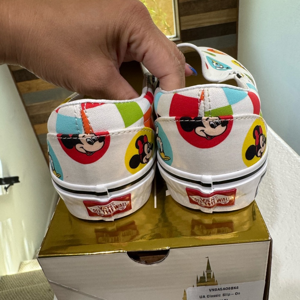 Vans women’s White Slip-On Sneakers with Multicolor Disney Character Circles - Picture 2 of 4